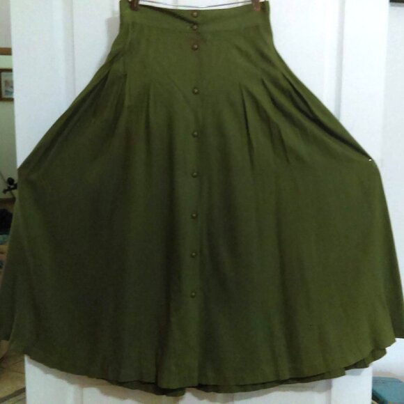 Vintage Rayon Button-Front Skirt Pleats Olive Green  Flowy Hunters Run Size 8 - Picture 4 of 9